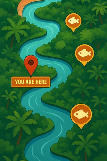 Mapa vertical estilizado do rio na Amazônia, com trilha de desafio e pontos de XP