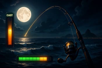 Arremesso noturno na costa atlântica com brilho de UI e trilha de combo
