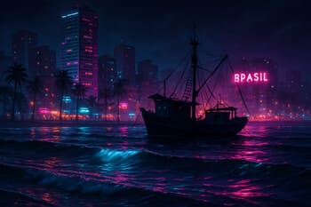Cena noturna da costa com brilho neon e interface de missão discreta