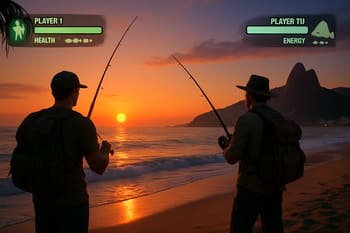 Dupla em modo co-op na costa com UI de missão e marcadores de tempo
