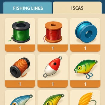 Coleção de iscas em linha, organizadas como inventário de jogo mobile