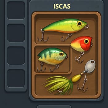 Kit de iscas e acessórios organizado como loadout de jogo mobile