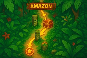 Corredor de mapa da Amazônia com trilhas longas e pontos de XP em camadas