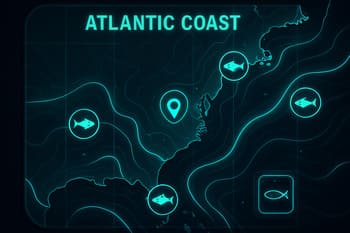 Mapa da costa atlântica com brilho neon e trilha de combo em curva