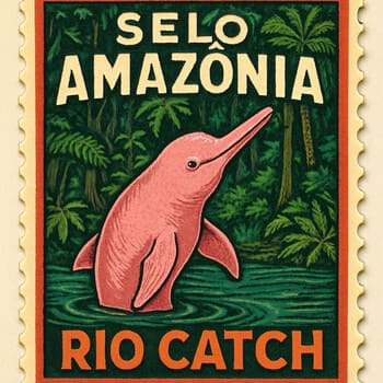 Selo de passaporte inspirado na Amazônia com ícone de peixe e carimbo de temporada