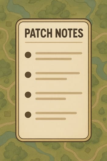 Cartão de patch notes com carimbos e trilhas de XP em estética arcade