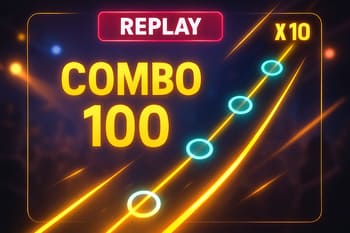 Quadro largo de replay com sequência de combo e mudanças de ritmo