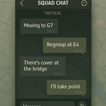 Chat de squad com marcações táticas e setas de ritmo