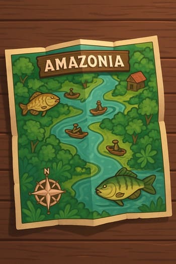 Mapa dobrado da Amazônia com linhas de dobra e rota curta marcada