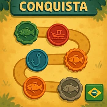 Trilha de selos da coleção com marcações de mapa e progresso semanal