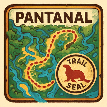 Mapa do Pantanal com selo de trilha e pontos de missão em sequência