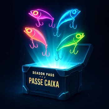 Caixa de iscas neon organizada como loot visual com etiquetas de slot