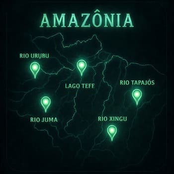 Mapa da Amazônia com pontos de missão e trilhas curtas destacadas