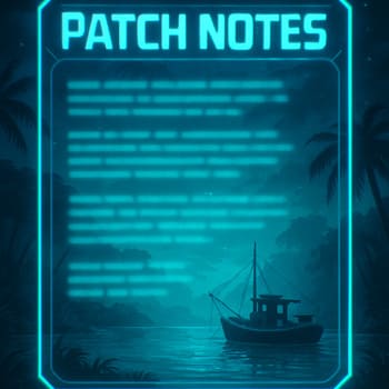 Painel de patch notes com cartões e selos de atualização