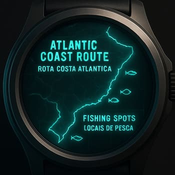 Rota da costa atlântica com marcações de tempo e janela ideal de sessão