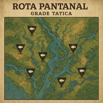 Mapa do Pantanal em grade tática com checkpoints de missão e trilho de consistência