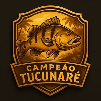 Selo campeão tucunaré em estilo de emblema com textura e brilho controlado