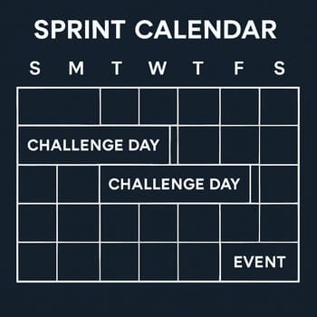 Calendário em grade com marcações de sprint e tarefas curtas do passe